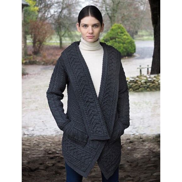 Aran Crafts Wool Cardigan Sweater •S• Irish Ireland Open Front Cable Fisherman - Picture 2 of 11